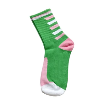 Хлопковые носки с надписью Greek sisters, женские полосатые розово-зеленые чулки в стиле пэчворк, спортивные носки оптом