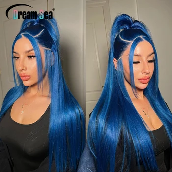 Синие Кружевные парики из человеческих волос Спереди, Цветной Парик Высокой Длины, Перуанские Девственные Волосы с волосами Младенца, Предварительно Выщипанные Отбеленные Узлы 150%