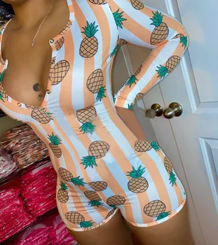 2020 Женская одежда для сна, Пижамный комбинезон с принтом ананаса, боди на пуговицах с длинным рукавом, домашняя одежда для взрослых, женские комбинезоны