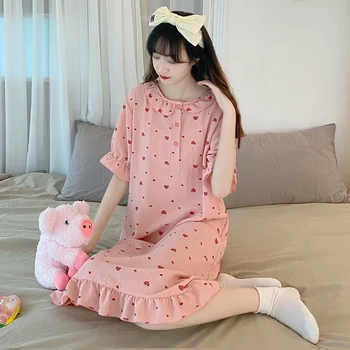 2022 Новые Летние Студенческие ночные рубашки из хлопка с коротким рукавом и принтом для женщин, Корейская свободная пижама, ночное платье, ночная рубашка, домашняя ночнушка