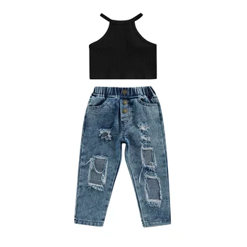 Летняя одежда из 2 предметов для маленьких девочек, детские топы без рукавов с открытыми плечами + рваные джинсы с карманами, от 18 месяцев до 6 лет