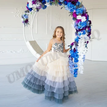Изысканное комбинированное Серое платье с цветочным узором для девочки Алины, Бусы для дня рождения малыша, Свадебная вечеринка, показ мод на заказ