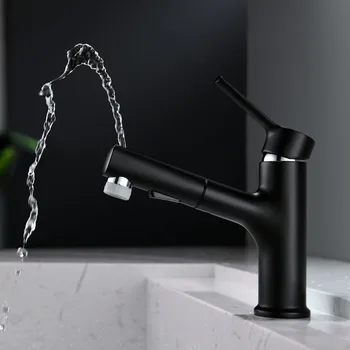 Матовый черный цилиндрический смеситель для умывальника Вытягивает вращающийся на 360 градусов смеситель для полоскания рта с горячей и холодной водой Смесители для ванной комнаты