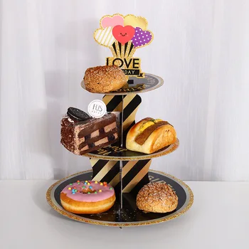3-Уровневая круглая Картонная подставка для кексов на свадьбу, День рождения, Черный Золотой держатель для кексов Love Cardboard, аксессуары для вечеринок