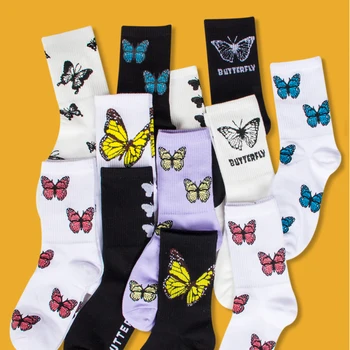 Длинные хлопчатобумажные носки с принтом бабочки для кроссовок, ботильонов, девочек, весенне-зимние теплые носки, Уличная мода Harajuku, носки-колготки