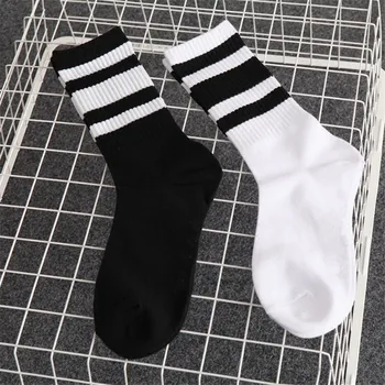Женские мужские носки черного, белого цвета, модный стиль, простые полосатые спортивные носки средней длины, повседневные носки