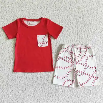BSSO0022 летние мальчики с бейсбольным рисунком Red Line Leaf, Белые шорты с карманами и коротким рукавом, Повседневная летняя одежда в западном стиле.