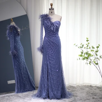 Шарон Саид Роскошное вечернее платье из дубайского синего пера, элегантное платье с разрезом сбоку на одно плечо, вечерние платья русалки для выпускного вечера SS229