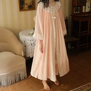 Комплекты халатов Princess Woman Хлопковый халат в винтажном стиле, халат с длинным рукавом, пижамы, 3 цвета, розовый, белый, синий