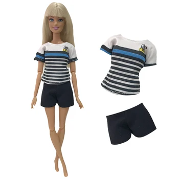 1 комплект, модный костюм для пары Happy Girl, футболка в полоску + шорты, платье с коротким рукавом для куклы Барби, аксессуары, игрушка 275D