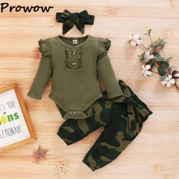 Prowow, Осенний комплект одежды для маленьких девочек 0-18 м, зеленый однотонный комбинезон с длинными рукавами + Брюки с камуфляжным принтом + Одежда для новорожденных девочек с поясом