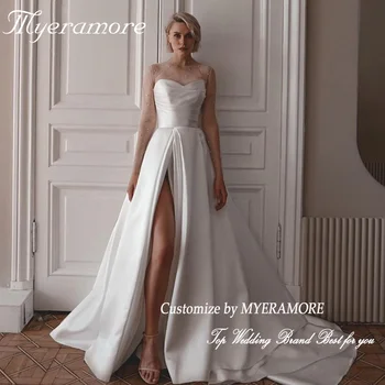 Атласные свадебные платья с высоким разрезом для женщин, длинные рукава с жемчугом, Элегантное Плиссированное свадебное платье Vestido De Novia 2023