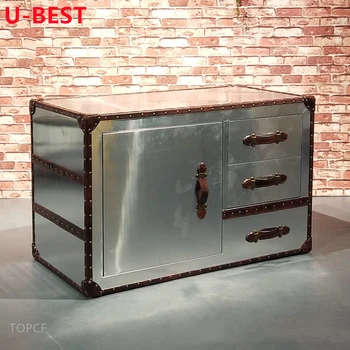 Шкаф для хранения в индустриальном стиле U-BEST, промышленный угловой стол с алюминиевым краем, Ретро-холст, Приставной столик с 2 ящиками