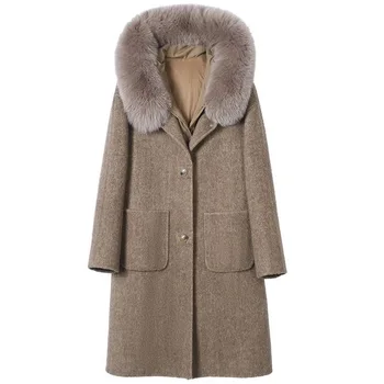 Минималистичное полушерстяное пальто Hwitex, куртка с воротником из лисьего меха, женский тренч, пальто на гусином пуху, Длинное шерстяное пальто с поясом, HW1203
