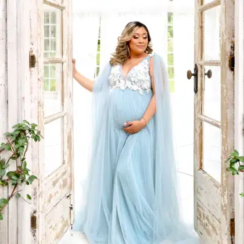 Пыльно-голубое тюлевое платье для беременных с запахом, женское платье для фотосессии, кружевные аппликации, платья для выпускного вечера в стиле бохо, большие размеры
