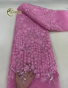 DUOFEIYA Розовая кружевная ткань ручной работы Tissu, кружевные ткани с тяжелым бисером, кружевная ткань с французскими пайетками для свадебных материалов