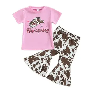 Летняя детская одежда, наряды для девочек, футболка с короткими рукавами и расклешенными штанами с рисунком коровьей головы, комплект детской одежды