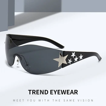 Панк Цельные Солнцезащитные Очки Без Оправы UV400 Y2K Спортивные 3D Звезды Очки Для Женщин Мужчин Модные Спортивные Солнцезащитные Очки Eyewear