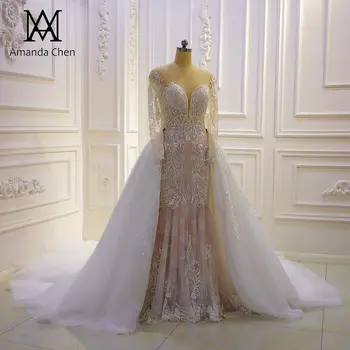 Высококачественное свадебное платье со съемной юбкой с кружевной аппликацией и длинным рукавом