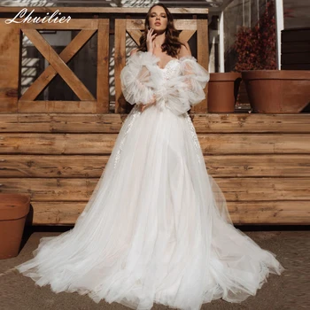 Свадебные платья из тюля с глубоким вырезом и пышными рукавами Lhuilier 2023, свадебное платье на тонких бретельках со шлейфом