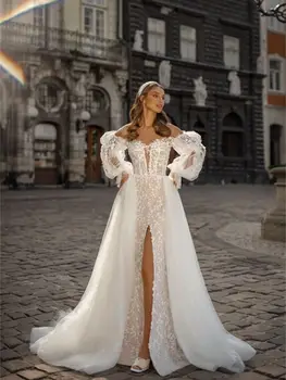 Современное свадебное платье Русалки с 3D цветочными аппликациями, Съемный шлейф с пышными рукавами, Сексуальное свадебное платье с разрезом спереди Vestidos De Noiva