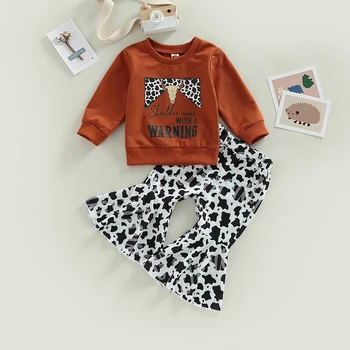 Модный комплект осенней одежды для маленьких девочек, толстовка с длинным рукавом и буквенным принтом + брюки-клеш с рисунком коровы на эластичном поясе, 6 м-4Y