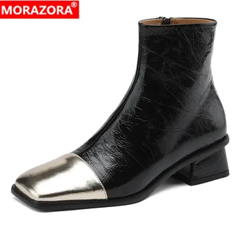 MORAZORA 2023, Новые ботинки из натуральной кожи, женские ботильоны с квадратным носком на молнии, осень-зима, женская обувь, модная женская обувь