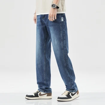 новые летние мужские светло-голубые джинсы Плюс размер 42 44 Мужские прямые Свободные тонкие джинсы Модные классические джинсовые брюки Стрейч Либерти