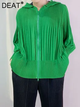 Модные женские плиссированные куртки Зеленого цвета с капюшоном, длинный рукав, Эластичная молния, Повседневная женская верхняя одежда, Осенняя мода 2023, 15AK190