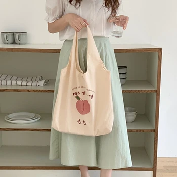 Сумка через плечо с принтом персика, холщовые сумки большой емкости, милая сумка-тоут в стиле Ins, школьные сумки для покупок, модная простая сумка