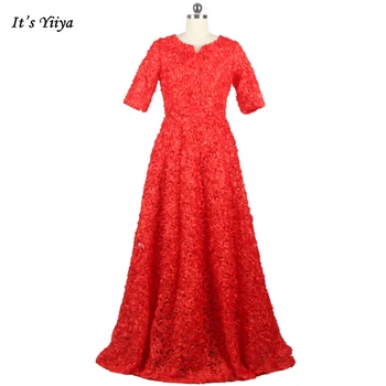 Вечернее платье It's YiiYa, Красное, с цветочным V-образным вырезом, Короткими рукавами, На молнии сзади, Трапециевидная Складка, Длина до пола, Вечерние платья Больших размеров YS018