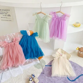 Милое платье для маленьких девочек в корейском стиле, платья для вечеринки в честь дня рождения с крыльями бабочки, детская одежда, детские платья из тюля от 1 до 8 лет