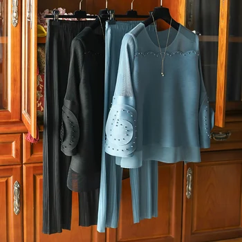 TIANPEI Плиссированный комплект из двух предметов, Женские многослойные топы с бисером, модные шаровары с широкими штанинами, прямые брюки, дизайнерская винтажная одежда