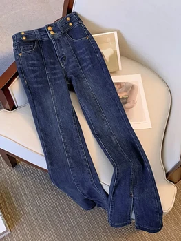 2023 Женские брюки-клеш с высокой талией и множеством металлических пуговиц, модные Тонкие Шикарные джинсовые брюки, Новая Корейская Свободная женская одежда