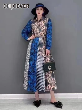 Женские платья в стиле пэчворк из цветных блоков CHICEVER с принтом, воротник-стойка, длинный рукав, модное платье с завышенной талией, женский стиль Весна 2023 г.