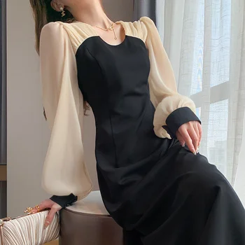 Черное платье с длинными рукавами в стиле Хепберн, Весенняя новинка, юбка средней длины, платья во французском стиле