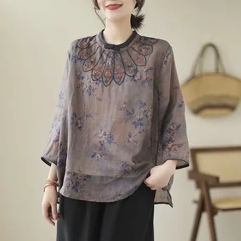 Женская винтажная рубашка с цветочным принтом в китайском стиле и пряжкой, льняная блузка с народной вышивкой, рукав три четверти, O-образный вырез, повседневные свободные топы