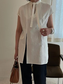 Лето 2023, Новая офисная женская элегантная блузка без рукавов с поясом, Повседневные рубашки с разрезом, однотонные японские блузы, универсальные модели