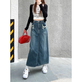 Корейские модные джинсовые юбки для женщин 2023, повседневная юбка средней длины с разрезом, уличная женская одежда