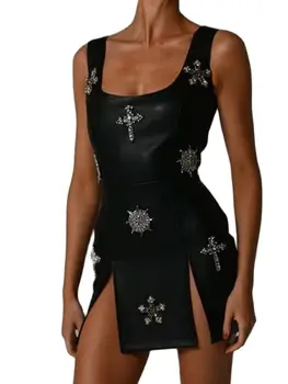 Модный дизайн передней вилки 2022, Черный, белый, сексуальная юбка из искусственной кожи, женское платье, одежда для ночных клубов, женская одежда с бриллиантовой инкрустацией, женская одежда