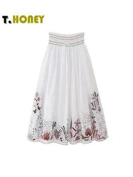 Женская модная длинная юбка с вышивкой контрастного цвета на шнуровке, женская винтажная юбка трапециевидной формы с эластичной резинкой на талии, свободная юбка Миди-качели