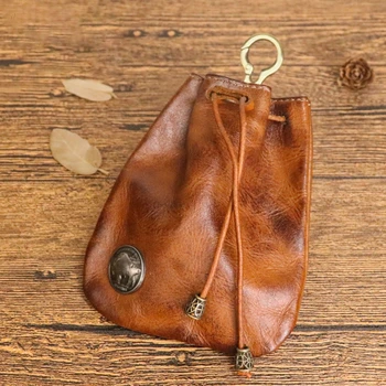 Кошелек для монет из натуральной кожи для женщин и мужчин, винтажная маленькая сумка ручной работы с карманом на шнурке для хранения с брелоком для ключей, футляр для карт