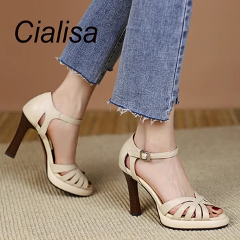 Сандалии Cialisa, женская обувь, Модная летняя новинка, ремешок на щиколотке из натуральной кожи, Элегантные сандалии ручной работы на очень высоком каблуке коричневого цвета 40