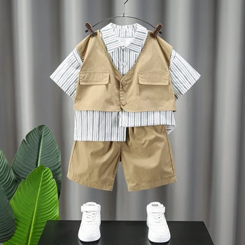 Одежда для маленьких мальчиков 2023, Летние шорты, костюм, рубашка в полоску с лацканами цвета хаки, искусственный жилет в стиле пэчворк, комплекты одежды для детей от 2 до 10 лет