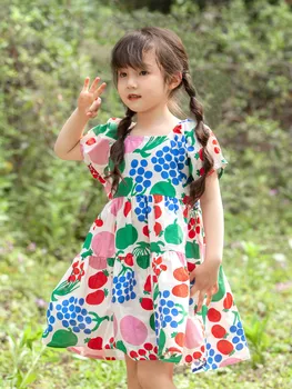 Летние Детские платья для девочек, Хлопковое лоскутное платье с фруктовым принтом, эластичный квадратный воротник с пышными рукавами и пуговицами сзади, повседневное платье школьницы