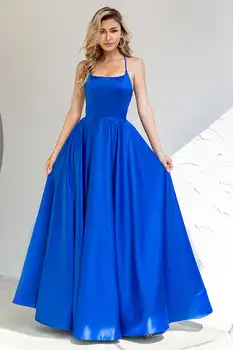 Элегантные длинные вечерние платья из атласа королевского синего цвета с карманами, женское вечернее платье-спагетти трапециевидной формы для женщин